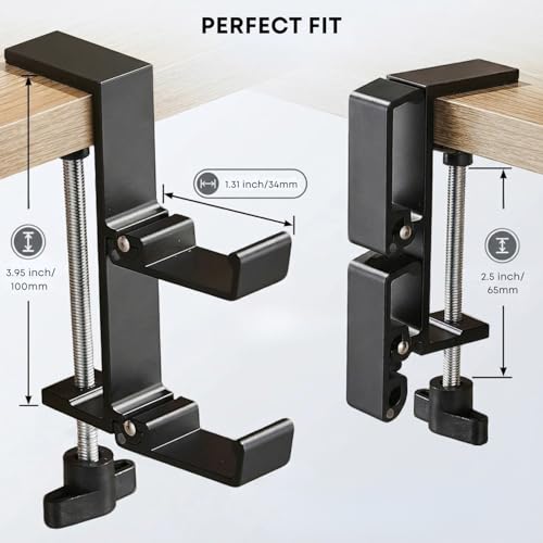 Dual Foldable Headphone Hanger Under Desk, Aluminum Alloy Headset Holder with Hooks, Anti-Accidental Bump Design, No-Drill Clamp Mount, Space-Saving for Headsets, Office & Computer Desk Organizer