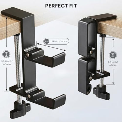 Dual Foldable Headphone Hanger Under Desk, Aluminum Alloy Headset Holder with Hooks, Anti-Accidental Bump Design, No-Drill Clamp Mount, Space-Saving for Headsets, Office & Computer Desk Organizer