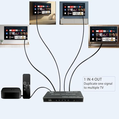 HDMI Splitter - HDCP, HDR, Dolby/DTS5.1/7.1 - Compatible with Firestick 4k Max, PS3/PS5 & Elgato HD60s/x/Pro, Apple TV 4K, Retrotink, Roku soundbar, NOT for Phone (HB-SP104G) - size: Splitter 1x4 8K@60Hz