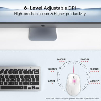 TECKNET 2.4G Wireless Mouse, 4800 DPI Ergonomic Computer Mouse, USB, White | Mouse for Laptop with USB Receiver, 6 Adjustable DPI, Quiet Click, 30-Month Battery, 6 Button, Portable for PC Chromebook Mac - color: White