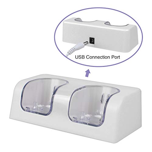 Wii Remote Battery Charger(Free USB Wall Charger+Lengthened Cord) Dual Charging Station Dock with Two Rechargeable Capacity Increased Batteries for Wii U Game Remote Controller (White)
