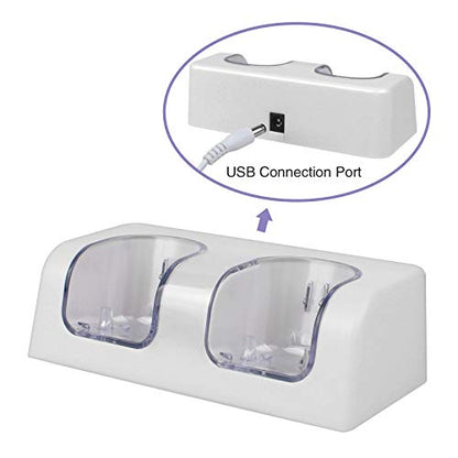 Wii Remote Battery Charger(Free USB Wall Charger+Lengthened Cord) Dual Charging Station Dock with Two Rechargeable Capacity Increased Batteries for Wii U Game Remote Controller (White)