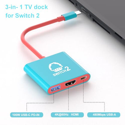 Switch 2 Dock, Portable TV Station for Steam Deck/ROG Ally/Legion GO, 3-in-1 Switch 2 Travel with HDMI 4K@144Hz or 4K@60Hz, USB 3.0 and 100W Charge PD Port