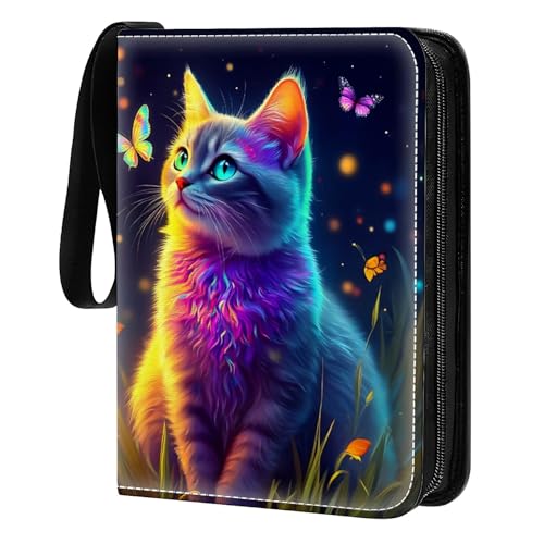 Card Binder 400 Pockets, 50 Sleeves Large Binder Trading Cards Holder 4 Pocket, Storage Organizer, Album Folder Case Protector Collector Gift Colorful Cute Cat Butterfly - color: Colorful Cute Cat Butterfly, size: 4 Pocket