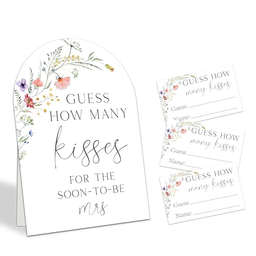 Guess How Many Kisses For The Soon-To-Be Mrs Game Set, 50 Guess Cards With 1 Standing Sign, Wildflower Floral Bridal Shower Wedding Bachelorette Engagement Party Decor & Activity Supplies - A01 - color: Wildflower Floral