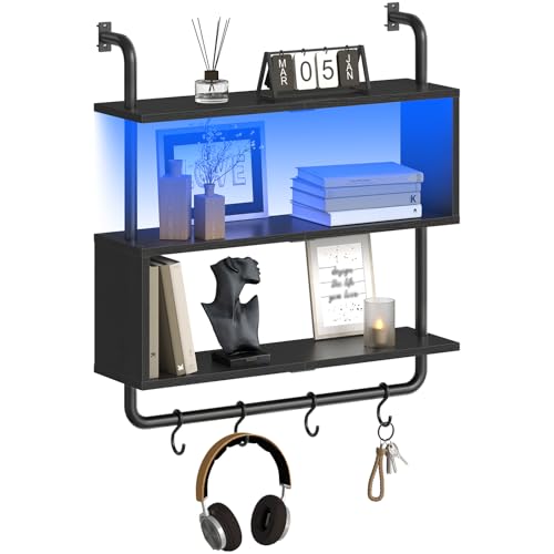 HOOBRO Floating Shelves with LED Lights, 29.5" LED Wall Mounted Gaming Shelf, 3-Tier Pipe Display Rack with Hanging Rod and 4 S-Hooks, for Storage Livingroom, Bedroom, Kitchen, Black BB21DBJ01 - color: Black