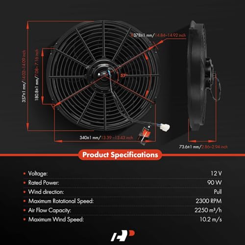 A-Premium 14'' 14 inch Slim Universal Electric Cooling Fan Assembly | 2250 m3/h, 12V 90W, Pull Fan with Mount Kit - style: 14 inch