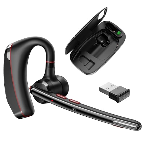 Bluetooth Headset V5.3, Wireless Headset with Dual Noise-Canceling Microphones, Portable Charging Case, 300H Standby Time, Hands Free Headphones for PC Cell Phones, Trucker Office Work (Red) - color: Red