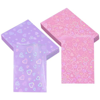 ONLYKXY 100pcs Soft Clear Plastic Heart Glitter Bag Storage Pouch Laser Sleeve Cover Pocket Holder Holographic Photo Protector Top Loader for 3in Trading Card Coin Jewelry (Hot Pink & Purple) - color: Hot Pink & Purple