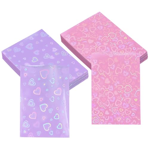 ONLYKXY 100pcs Soft Clear Plastic Heart Glitter Bag Storage Pouch Laser Sleeve Cover Pocket Holder Holographic Photo Protector Top Loader for 3in Trading Card Coin Jewelry (Hot Pink & Purple) - color: Hot Pink & Purple