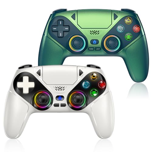 Gamrombo LED Wireless Controller for PS5, Compatible with PS5 Pro/Slim/PC, Dual Vibration, Macro/Turbo Function, 3.5mm Audio Jack, 6-Axis Motion Control Gamepad with Speaker(White+Teal)
