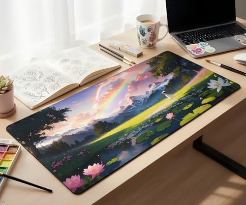 XXL Gaming Mouse Pad 35.4x15.7 inch, Beautiful Lotus Rainbow Landscape Theme Desk Mat, Mountain Flower Elegant Girly Scene Large Mousepad,Fantasy Artistic Keyboard Mouse Mat (Lotus Rainbow) - color: Lotus Rainbow