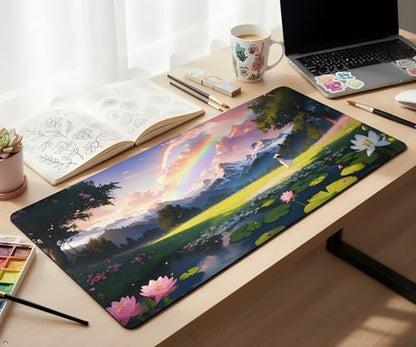 XXL Gaming Mouse Pad 35.4x15.7 inch, Beautiful Lotus Rainbow Landscape Theme Desk Mat, Mountain Flower Elegant Girly Scene Large Mousepad,Fantasy Artistic Keyboard Mouse Mat (Lotus Rainbow) - color: Lotus Rainbow
