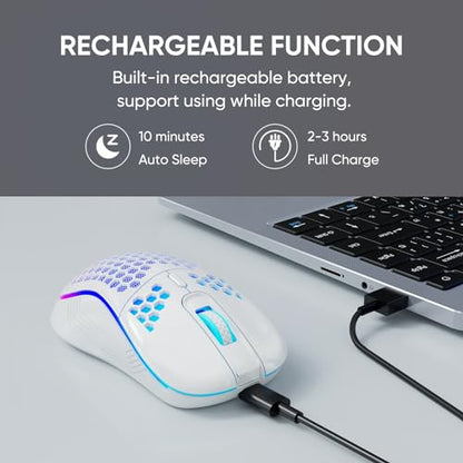 MELOGAGA Wireless Gaming Mouse RGB Rechargeable Lightweight Honeycomb White | 7-Color LED Light, 4 DPI Levels, USB-C Recharge & Stable 2.4G Wireless for PC Mac Laptop Desktop Computers - color: Wireless_White