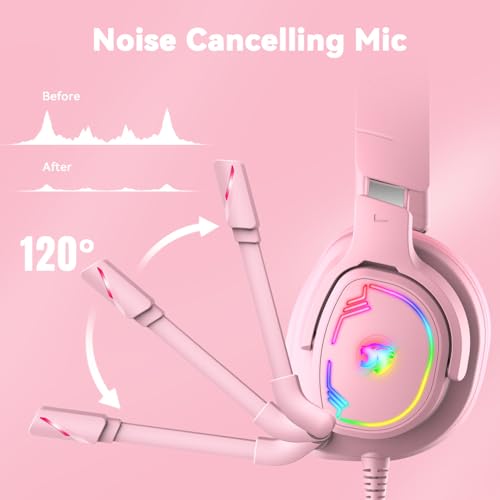 Jimonyer Gaming Headset with Microphone, 7.1 Surround Sound and Noise Canceling Over Ear Headphones for PC/PS5/PS4/Xbox Series/Switch, RGB Light and Soft Memory Earmuffs (Pink) - color: Pink