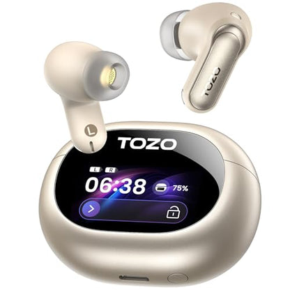 TOZO NC20 Pro Active Noise Cancelling Wireless Earbuds, Smart LCD Screen | LDAC Hi-Res Audio, Stereo Bass, 6 Mics AI Call Ear Buds, 80H Playtime, IPX8 Waterproof, 32 EQ via App, Wireless Charging - color: Champagne