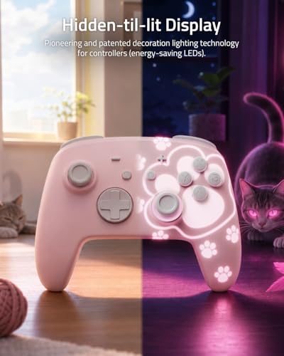 Switch Pro Controller Wireless Compatible with Nintendo Switch 2/OLED/Lite, Grily Hall Effect Controller, Firefly Bluetooth Remote Gamepad Controles Pink with 7 LED Colors/Paddle/Turbo- Cat Paw Pattern - color: Pink