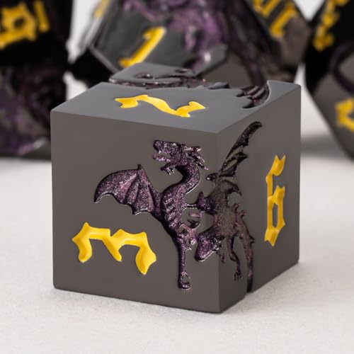D&D Metal Dragon Dice Set with Dragon, Metallic Polyhedral Dice Set for Dungeons and Dragons RPG TTRPG D&D Die with Gift Case - color: Dragon-pearl Gun Glitter Purple