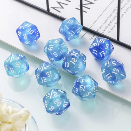 10PCS Polyhedral D20 Dice Set 20mm Acrylic Dice Double Colors 20 Sided Game Dice for RPG MTG DND Table Games (Blue Green) - color: Blue Green