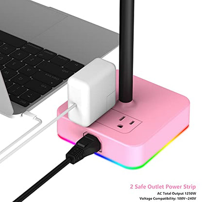 KAFRI RGB Headphone Stand with USB Charger Desk Gaming Headset Holder Hanger Rack with 3 USB Charging Port and 2 Outlet - Suitable for Gamer Desktop Table Game Earphone Accessories Girlfriend Gift - color: Pink