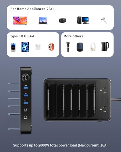 85W Charging Station for Multiple Devices,7 Port USB Charger Stations with 2 AC, 2 USB C, 3 USB A,Family Multi-Device Organizer Charging Dock -Designed for iPhone iPad Android Cell Phone Tablet,Black