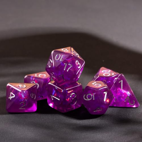 UDIXI DND Dice Set Purple Polyhedral Dice Set Iridescent Inclusions for D&D | Resin Material, Velvet Storage Bag, DM Gift, for Dungeons and Dragons Role Playing Games Tabletop Games - color: Purple