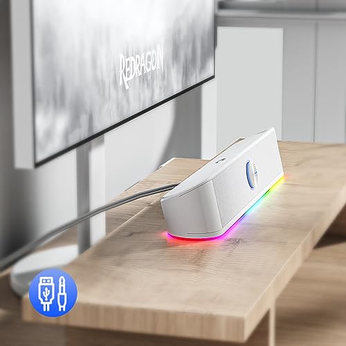 Redragon GS560 RGB Desktop Soundbar, Dynamic Lighting Bar with Audio Sync | 2.0 Stereo Enhanced Auido Quality, Touch-Control Backlit, Volume Knob, Plug & Play USB Powered Computer Speaker - color: White