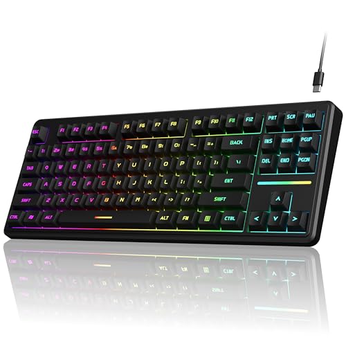 EWEADN V80 Wired TKL RGB Gaming Keyboard, 80% Compact Layout with PBT Keycaps, Whisper Quiet Membrane Switch, 26-Key Anti-Ghosting, Ergonomic Computer Keyboard for Laptop PC Gamer - Black - color: Black