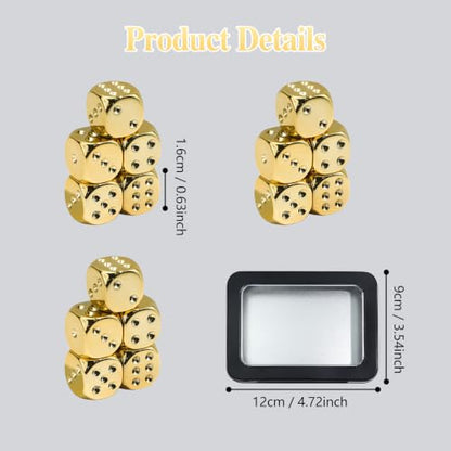 15 Pieces 16mm Electroplated Gold-Color 6 Sided Dice Set with Metal Box, 1-6 Number Dots D6 Dice for RPG D&D MTG Tabletop Board Games, Classroom Teaching or Math Learning