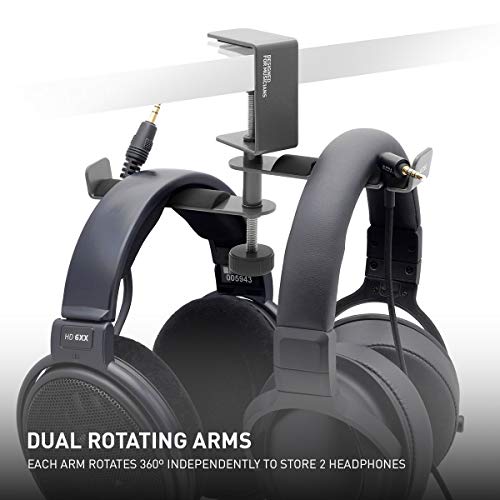 ADV. Dual Suspension Headphone Stand – Floating Headset Stand with 360° Rotating Arm, Adjustable Clamp for Desk/Table, Steel Metal Holder, 3.5mm Jack Mount, Universal Fit, [Grey] - color: Grey