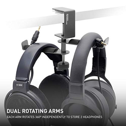 ADV. Dual Suspension Headphone Stand – Floating Headset Stand with 360° Rotating Arm, Adjustable Clamp for Desk/Table, Steel Metal Holder, 3.5mm Jack Mount, Universal Fit, [Grey] - color: Grey