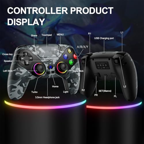 Gamrombo LED Wireless Controller for PS5, Dual Vibration, Compatible with PS5 Pro/Slim/PC, n, 3.5mm Audio Jack, 6-Axis Motion Control Gamepad with Speaker/Macro/Turbo Functio (Camo - color: Camo