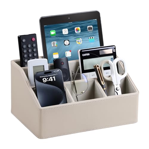 PU Leather Desk Organizer, Remote Control Holder, Dark Beige | Luxury Nightstand Organizer for Home, Office Desk Accessories, Bedside Table Caddy with 5 Compartments, Velvet Lining - color: Dark Beige