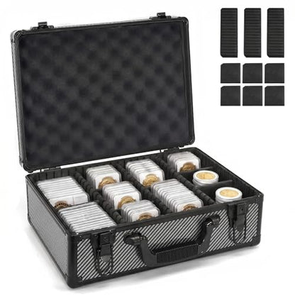 LOCKCURX Carbon Fiber Coin Storage Box & Coin Case – Holds 120 NGC/PCGS Graded Slabs or 1400 Coin Capsules, Dual Key Lock with 6 Removable Dividers, Customizable Silver Coin Storage for Collectors