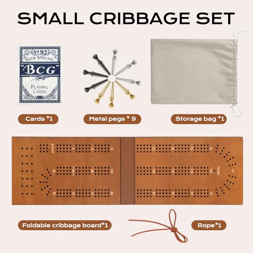 Cribbage Board Game Set with Storage – Portable Folding Travel Board, Includes 9 Metal Pegs & Full Deck of Cards, for 2-3 Players – Fun Family Game Night Activity & Great Gift Idea
