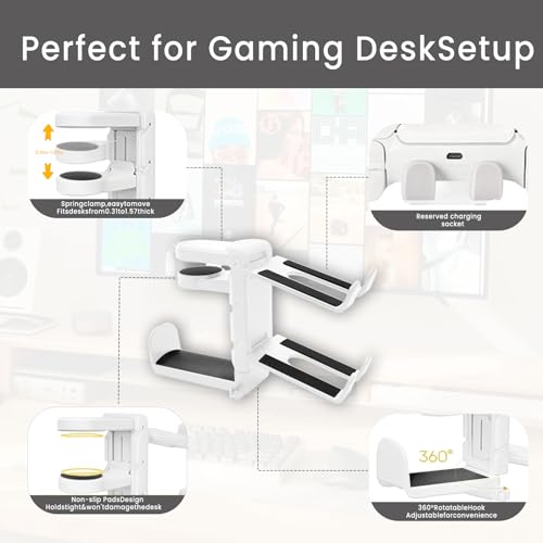 Rotating Headphone Stand with 360° Swivel - Adjustable Clamp-on Under Desk Headset Holder, Universal Gaming & Office Headphone Hanger (Black) - color: Black