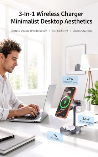 25W Wireless Charger 3 in 1 Magnetic Charging Station with TEC Active Cooling, Qi2.2 Certified Fast Charging Stand for iPhone 17 Pro Max/16/15, Apple Watch & AirPods, 65W Adapter Included