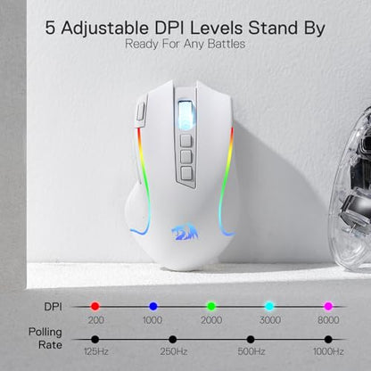 Redragon M612 Wireless RGB Optical Gaming Mouse 8000 DPI Remapping Keys | Cable-Free 0 Delay, Redefine Keybinding Macro, Vibing Backlight, Ergonomic Grip Body Comfort - color: White, style: Wireless