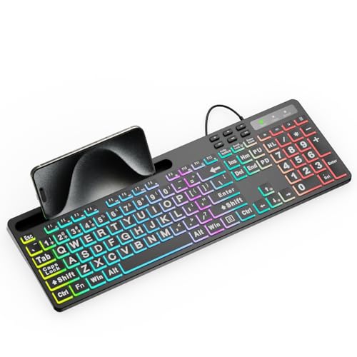 MARVO Large Print Backlit Keyboard, WK712 Wired Computer Keyboards with 7 Colors & 11 Modes Backlight, Tablet Phone Holder and Quiet Light Up Keys, Full-Size Gaming Keyboard for Windows, Mac