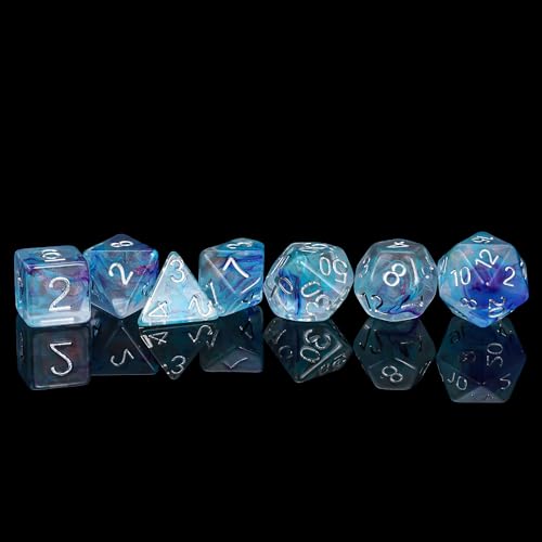UDIXI D&D Polyhedral Dice Set Glitter and Cyan Swirls for Role Playing Game | Purple Cyan Colors, Dreamy Effect, Velvet Dice Bag Packaging, for Dungeons and Dragons Role Playing Games and Tabletop Games - color: Purple With Cyan