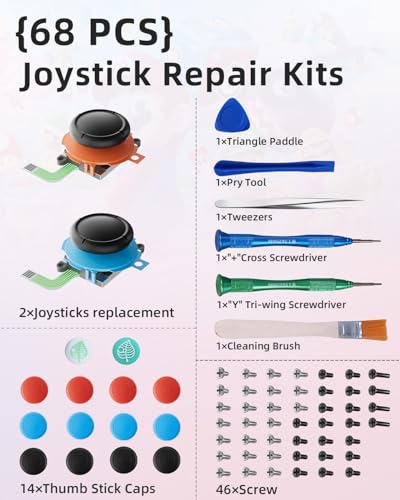 Joystick Replacement for Joycon(68 in one), Repair Tool Kit for Switch2 Joycon, Includes 2 Analog Sticks, Drift Fix Tools Y/+ Screwdriver, Tweezers, Pry Tools, 14 Thumbstick Grips, Matching Screws - color: black-68 in one