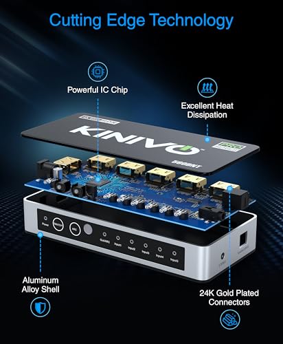 Kinivo HDMI Switch with Audio Extractor 560BNT (5 in 1 Out Hub, Toslink Optical Audio Port, SPDIF, 4K 60Hz Switcher, 18Gbps, IR Remote) - Compatible with Gaming Console, Cable TV, PC, Dolby Digital - size: 4K - 5 Port with Toslink
