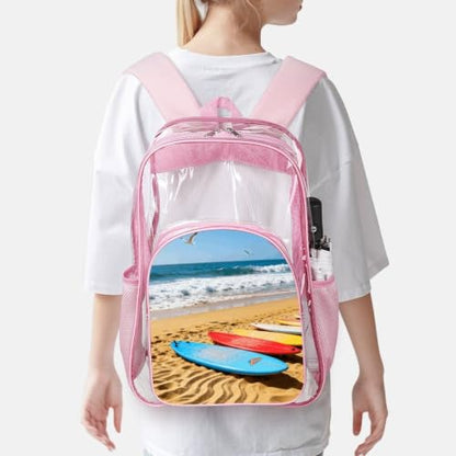 16" Clear Backpack Waterproof Stadium Bag for Security | Beach Surfboard, Transparent Backpack Stadium Events, Heavy Duty Bookbag, See Through Bag for Sports Festivals Travel - color: Pink