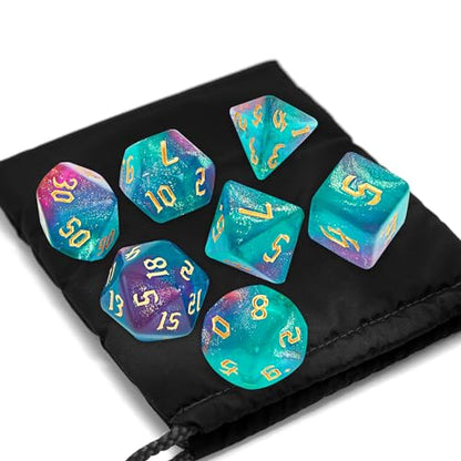 7Pcs Polyhedral Dice Set with Black Storage Bag(Green&Purple+Nebula) | Classic dice set for RPG Polyhedral Dice for Dungeon and Dragons Playing Games 7-Die Set - color: Green&purple+nebula Dice