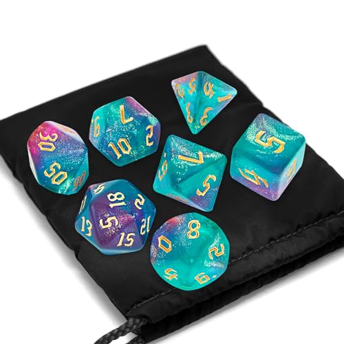 7Pcs Polyhedral Dice Set with Black Storage Bag(Green&Purple+Nebula) | Classic dice set for RPG Polyhedral Dice for Dungeon and Dragons Playing Games 7-Die Set - color: Green&purple+nebula Dice
