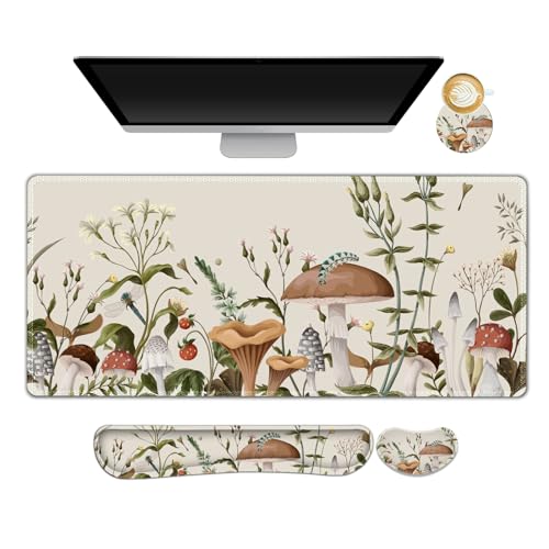 AIMSA Large Gaming Mouse Pad Set, Keyboard Wrist Rest Support+ Extended Mousepad+ Mouse Wrist Cushion+Coaster, Ergonomic Multifunctional Desk Mat 35x15.7in, Mushroom Plant Garden - color: Mushroom Plant Garden