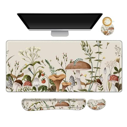 AIMSA Large Gaming Mouse Pad Set, Keyboard Wrist Rest Support+ Extended Mousepad+ Mouse Wrist Cushion+Coaster, Ergonomic Multifunctional Desk Mat 35x15.7in, Mushroom Plant Garden - color: Mushroom Plant Garden