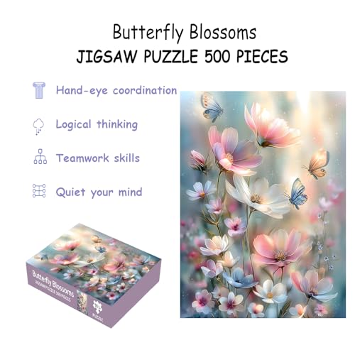 Puzzles for Adults 500 Pieces, Flowers Jigsaw Puzzles - Butterfly Blossoms, Impossible Flowers Butterfly Puzzle for Seniors Families, 20.47x14.96 Inches, 1:1 Poster, Letter On The Back - style: Butterfly Blossoms