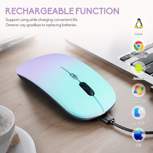 Wireless Bluetooth Mouse,LED Dual Mode Rechargeable Silent Slim Laptop Mouse,Portable(BT5.2+USB Receiver) Dual Mode Computer Mice,for Laptop,Desktop Computer,ipad Tablet,Phone,Mac(Green purple) - color: Gradient Green purple