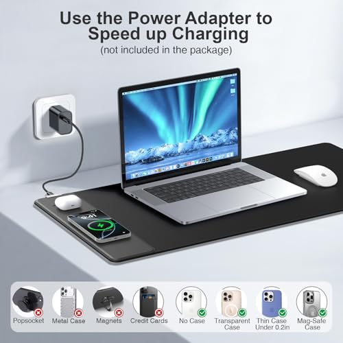 Magnetic Wireless Charging Mouse Pad, 31.5"x15.8" in, Black | Large Gaming Desk Mat, Non-Slip Base, Waterproof Ultra-Smooth Keyboard Pad for Gamer, Office & Home - color: Black-31.5"x15.8"
